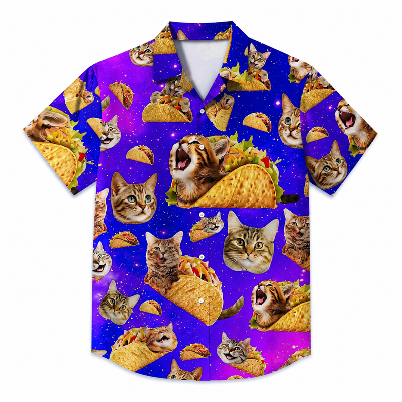 Cat Print Hawaiian Button-Up Shirt