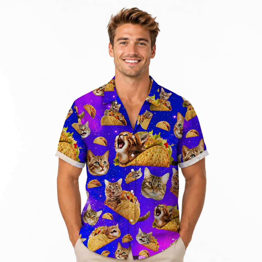 Cat Print Hawaiian Button-Up Shirt