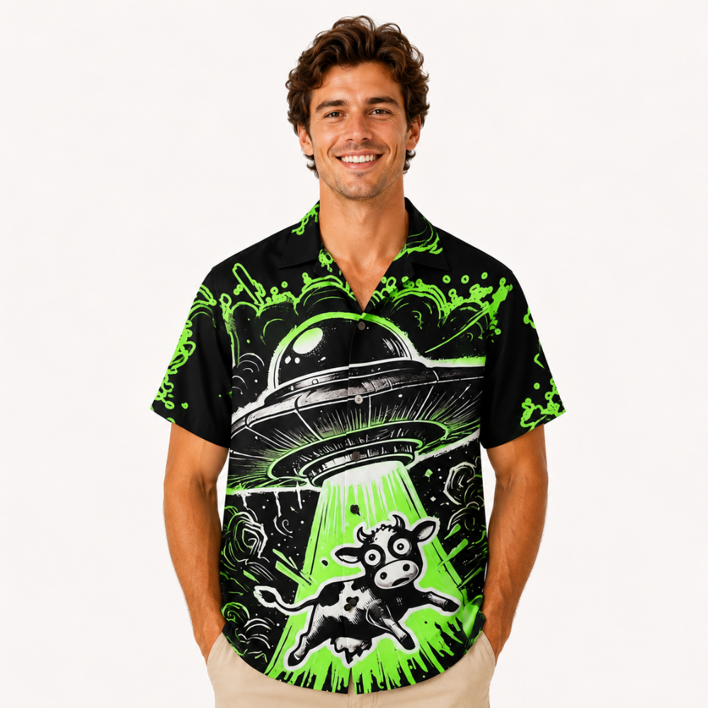 UFO Cow Print Beach Hawaiian Shirt