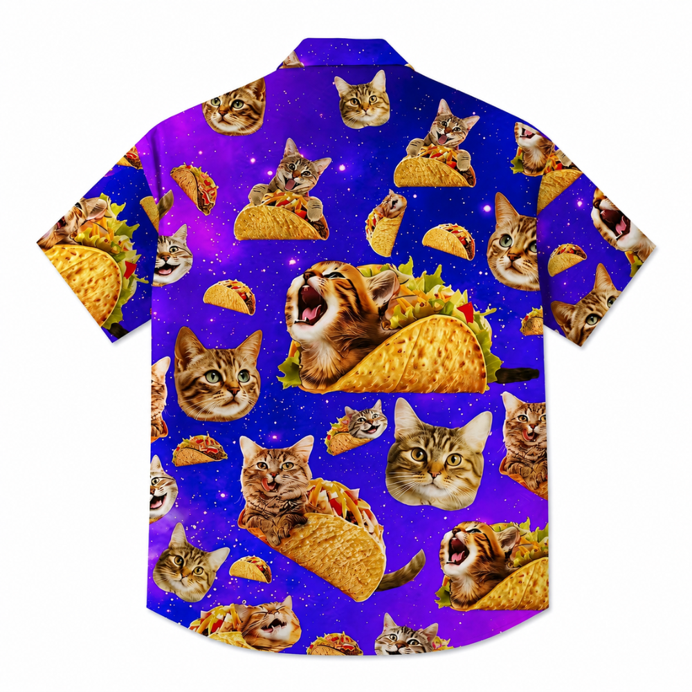 Cat Print Hawaiian Button-Up Shirt