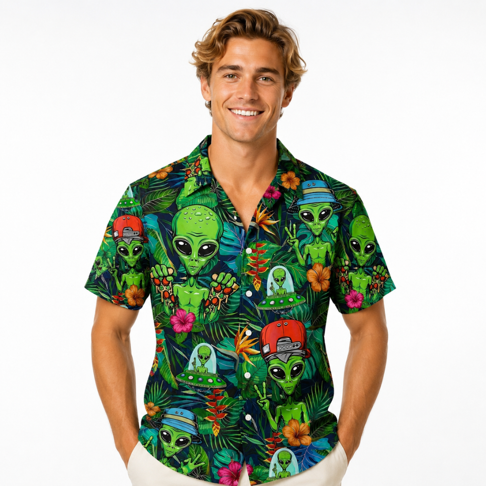 Alien Print Hawaiian Vacation Summer Shirt