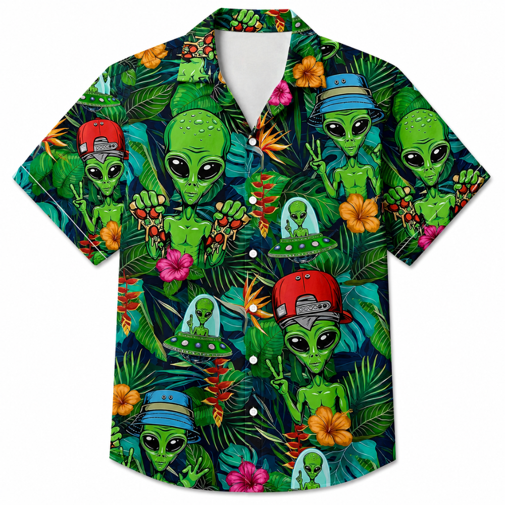 Alien Print Hawaiian Vacation Summer Shirt