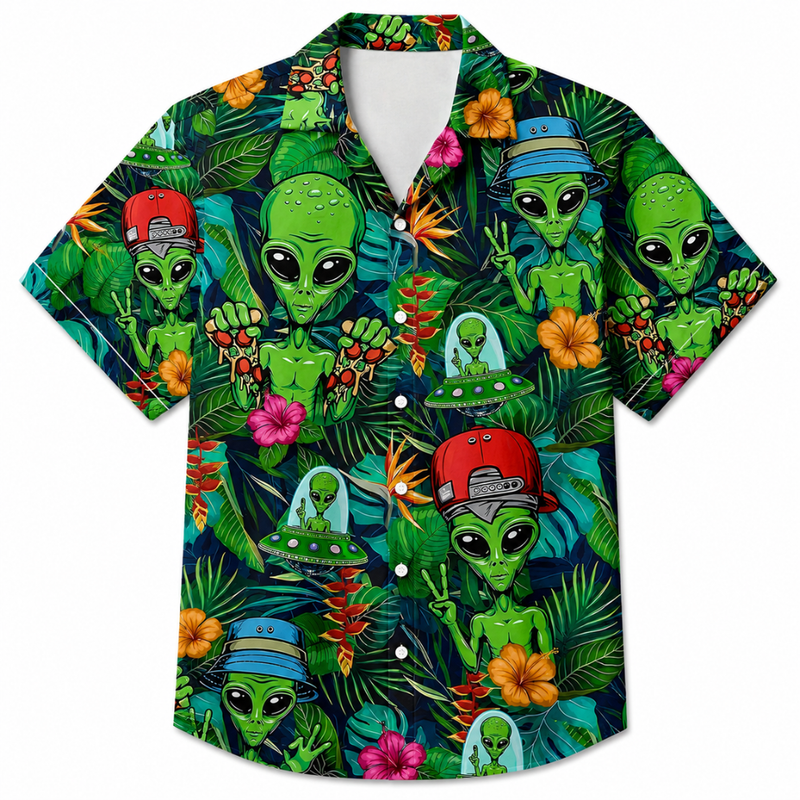 Alien Print Hawaiian Vacation Summer Shirt