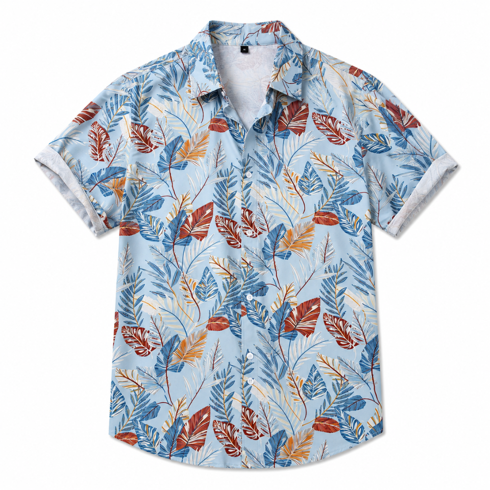 Vibrant Leaf Print Tropical Vacation Shirt