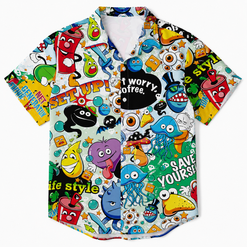 Cartoon Print Hawaiian Button-Up Shirt