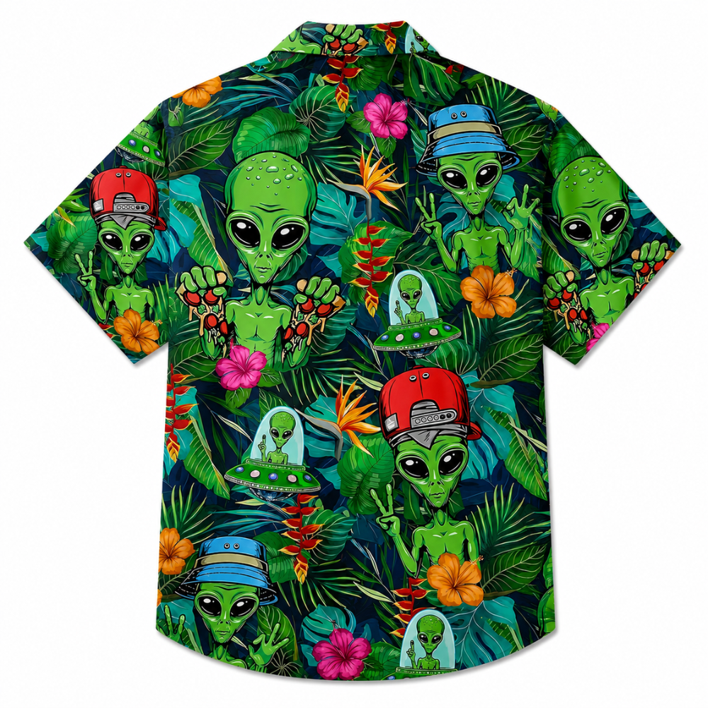 Alien Print Hawaiian Vacation Summer Shirt