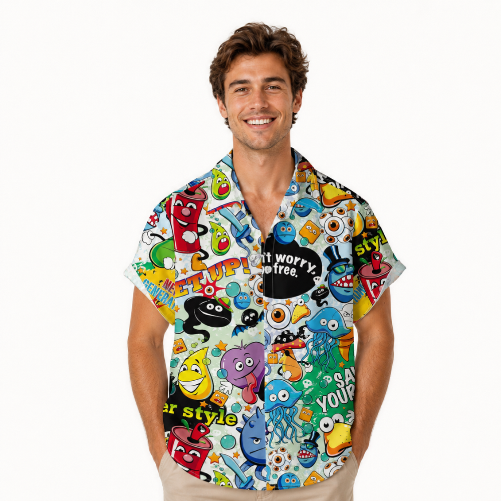 Cartoon Print Hawaiian Button-Up Shirt