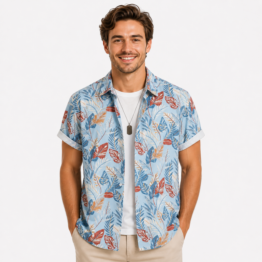Vibrant Leaf Print Tropical Vacation Shirt
