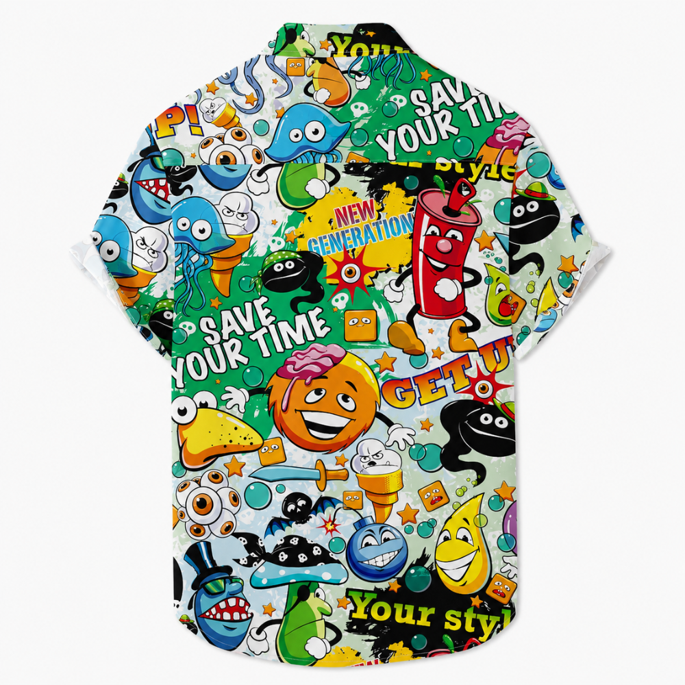 Cartoon Print Hawaiian Button-Up Shirt