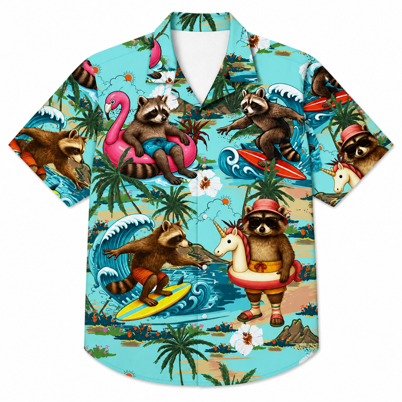 Retro Raccoon Flamingo Hawaiian Button Shirt