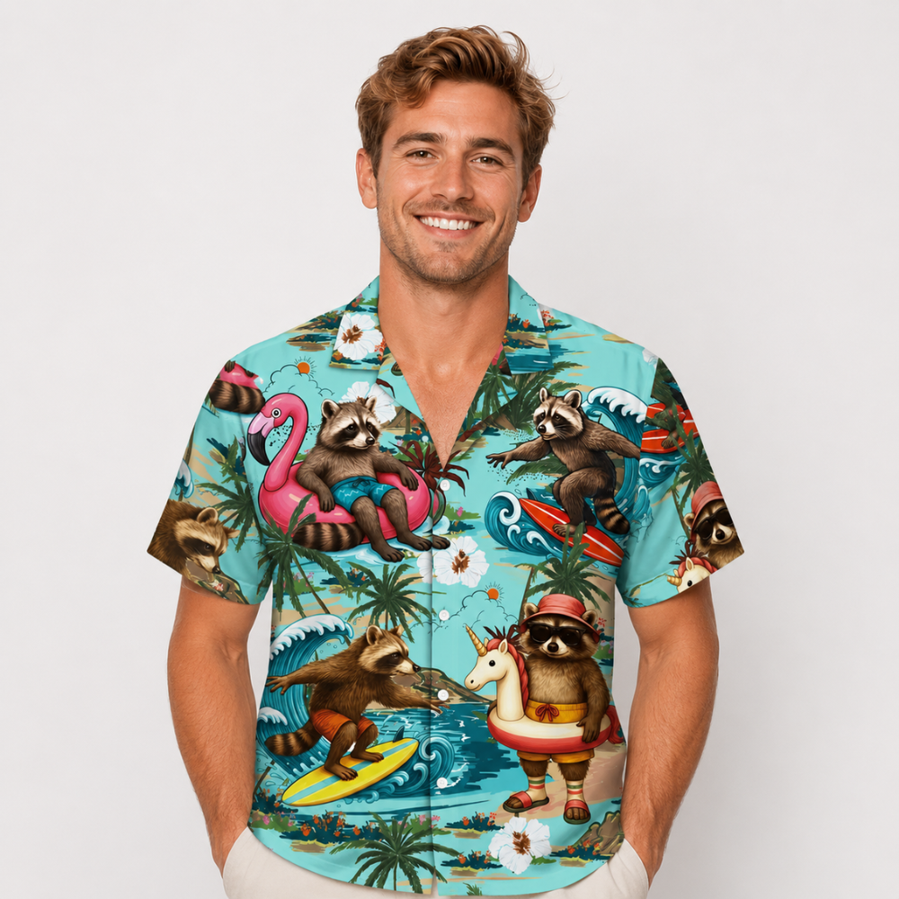 Retro Raccoon Flamingo Hawaiian Button Shirt