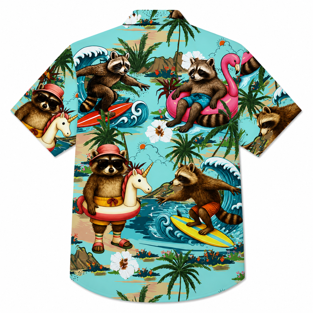 Retro Raccoon Flamingo Hawaiian Button Shirt