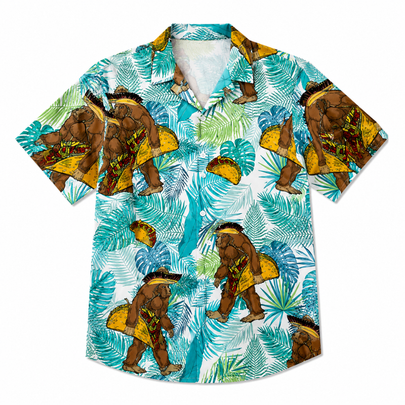 Tropical Print Hawaiian Taco Beach Button-Up Shirt