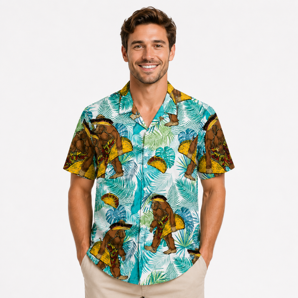 Tropical Print Hawaiian Taco Beach Button-Up Shirt