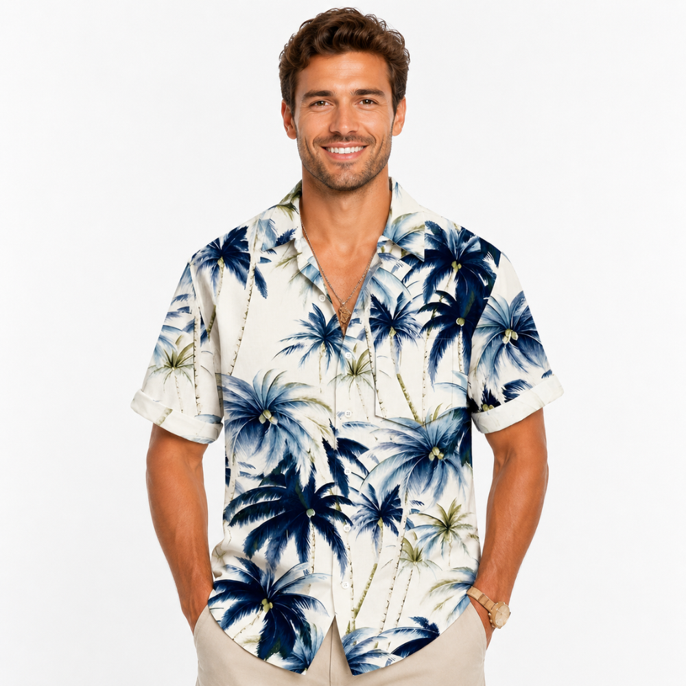 Plus Size Vintage Hawaiian Palm Tree Print Button-Up Shirt
