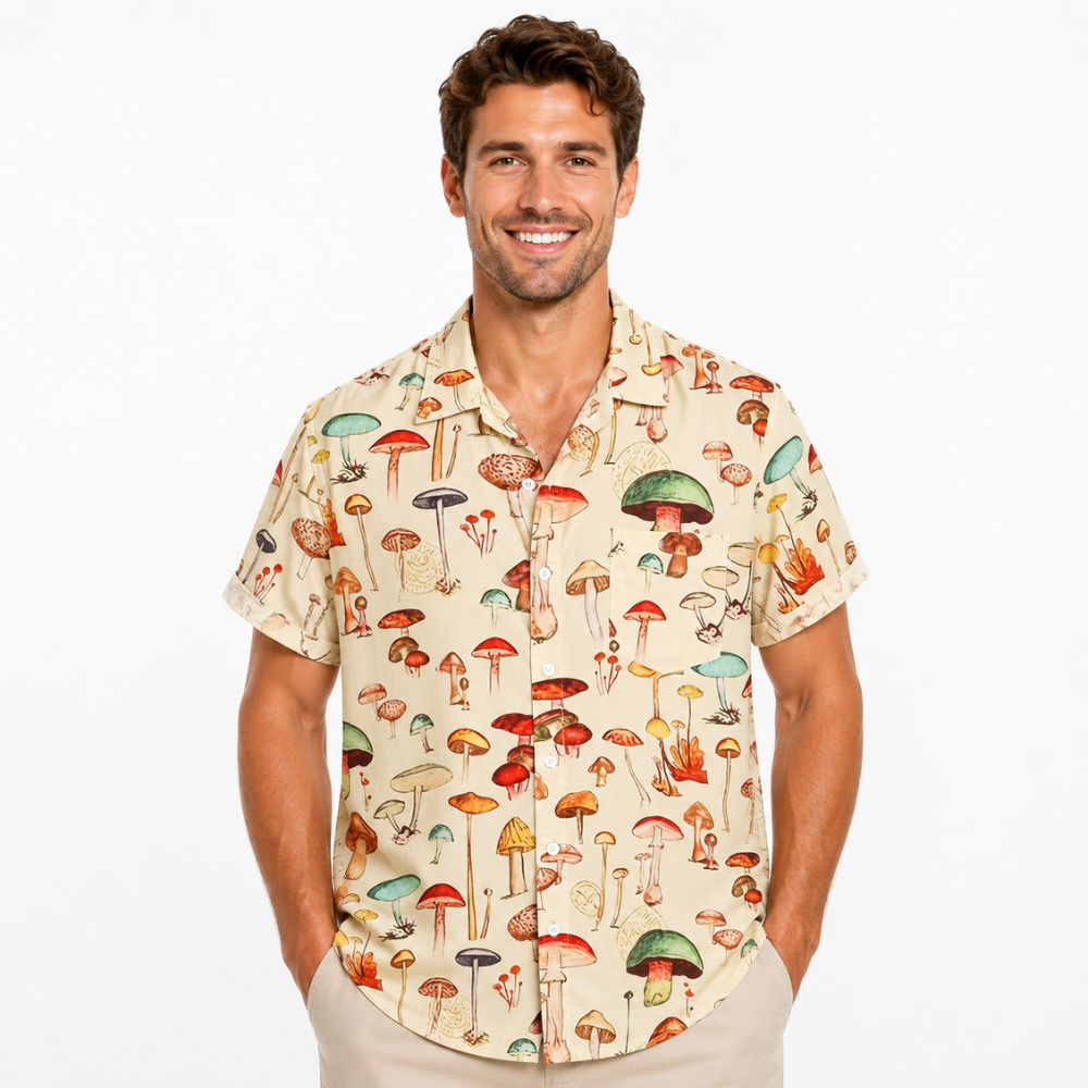 Cartoon Mushroom Hawaiian Short Sleeve Button Shirt