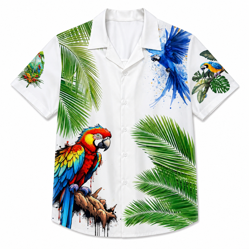 Palm Tree Parrot Hawaiian Button Beach Shirt
