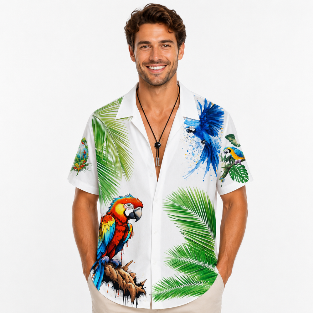 Palm Tree Parrot Hawaiian Button Beach Shirt