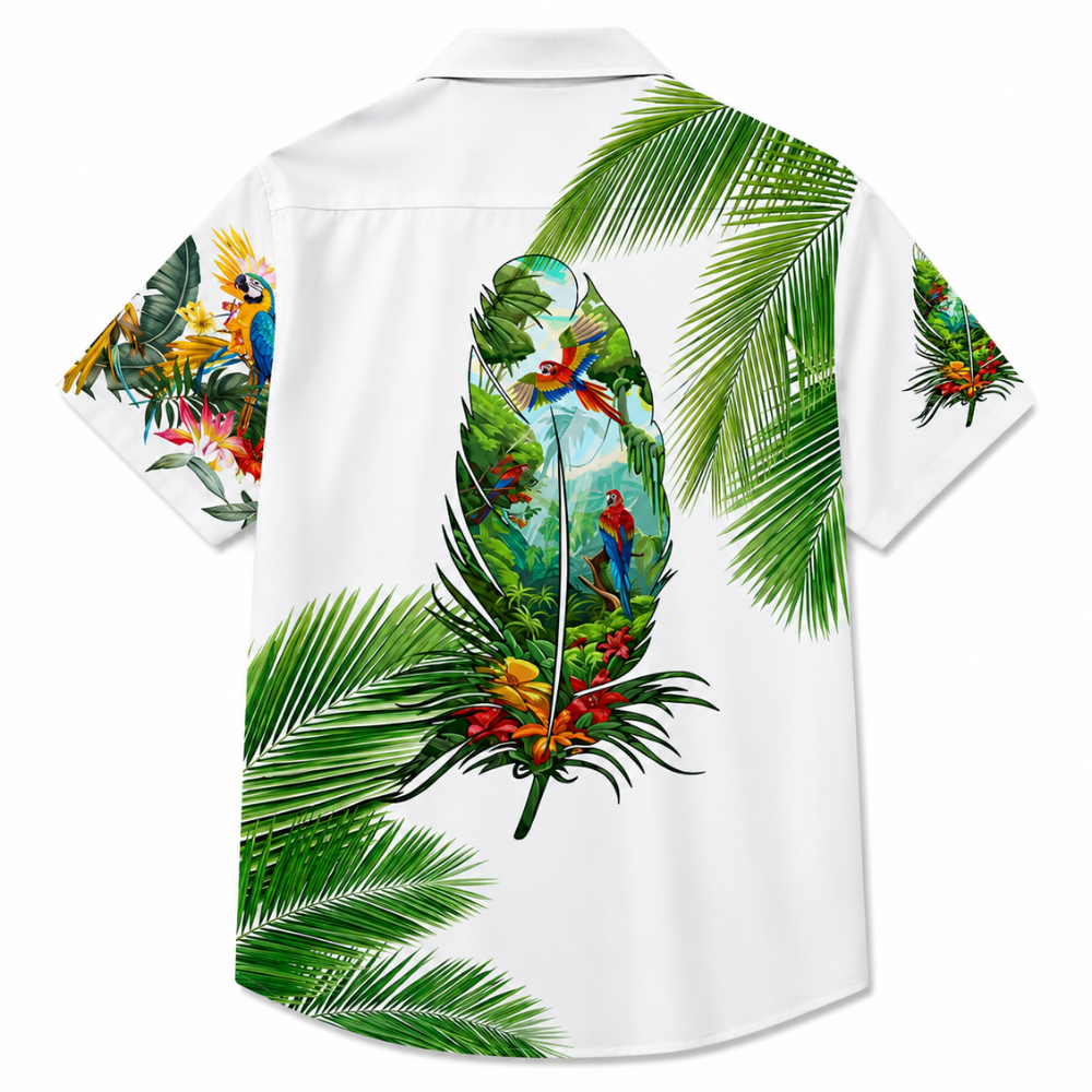 Palm Tree Parrot Hawaiian Button Beach Shirt