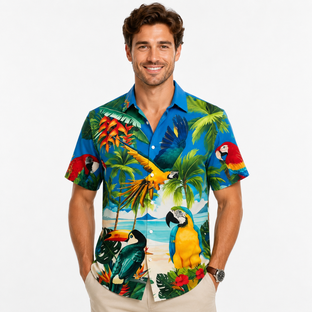 Vintage Bird Print Short Sleeve Button-Up Shirt