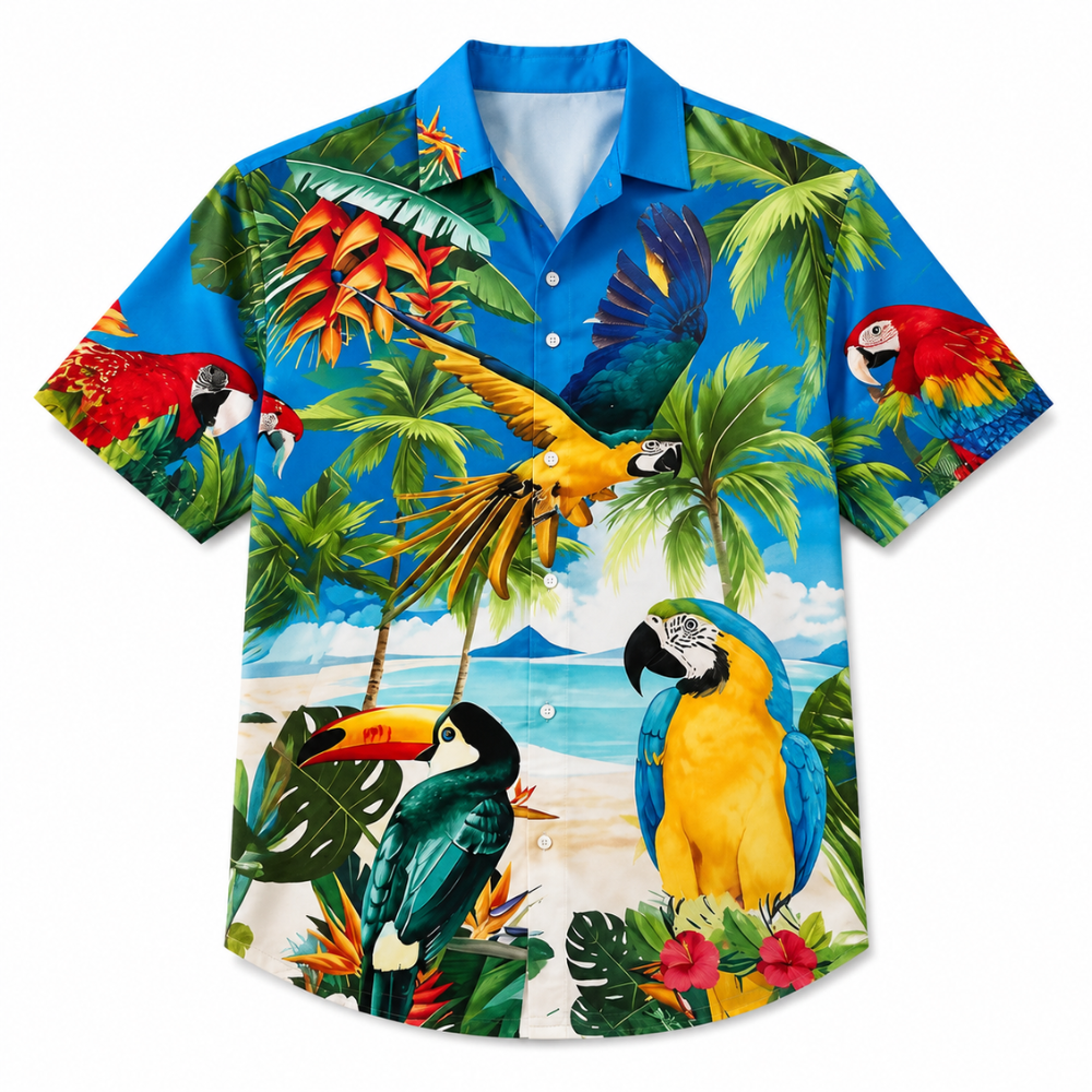 Vintage Bird Print Short Sleeve Button-Up Shirt