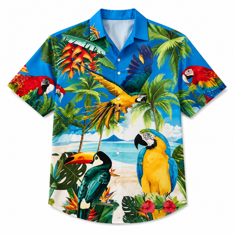 Vintage Bird Print Short Sleeve Button-Up Shirt