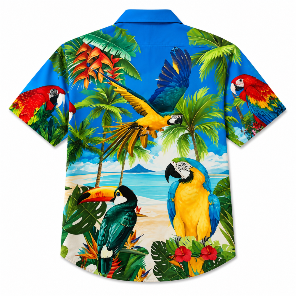 Vintage Bird Print Short Sleeve Button-Up Shirt