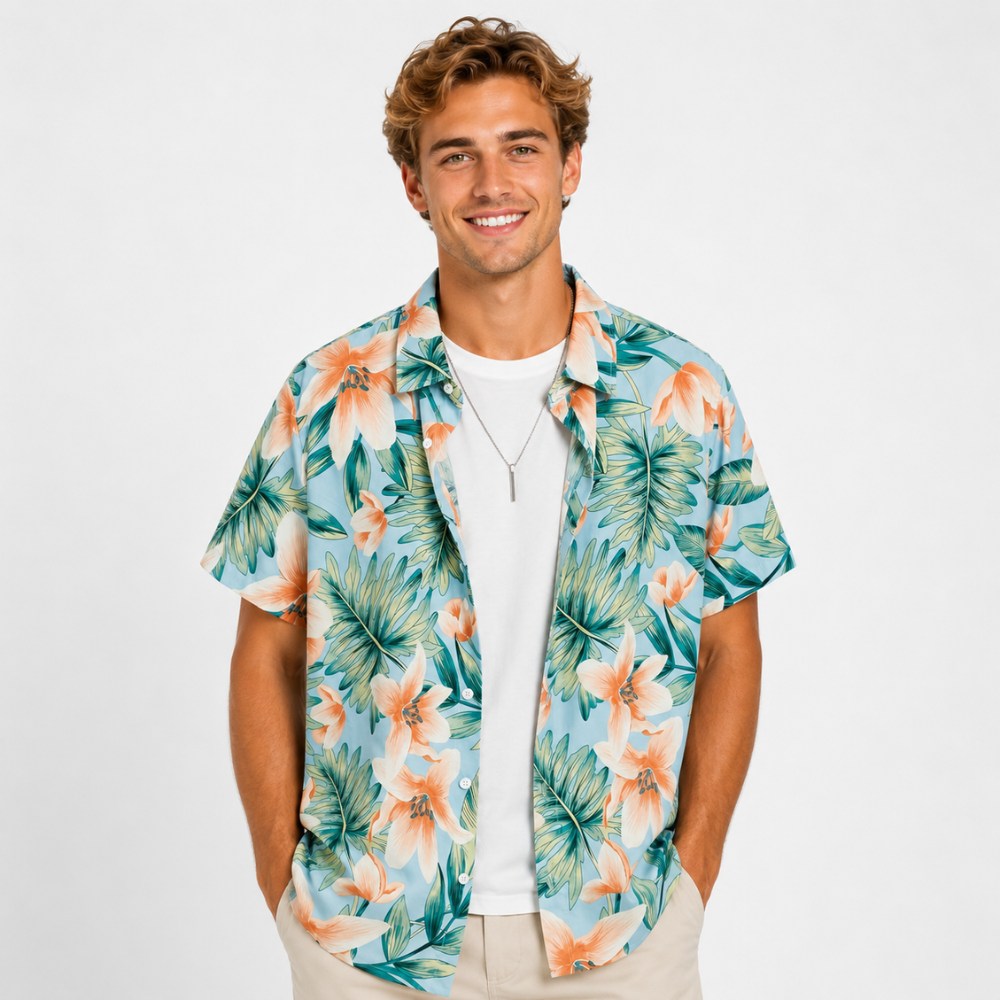 Vibrant Hibiscus Tropical Button-Up Summer Shirt