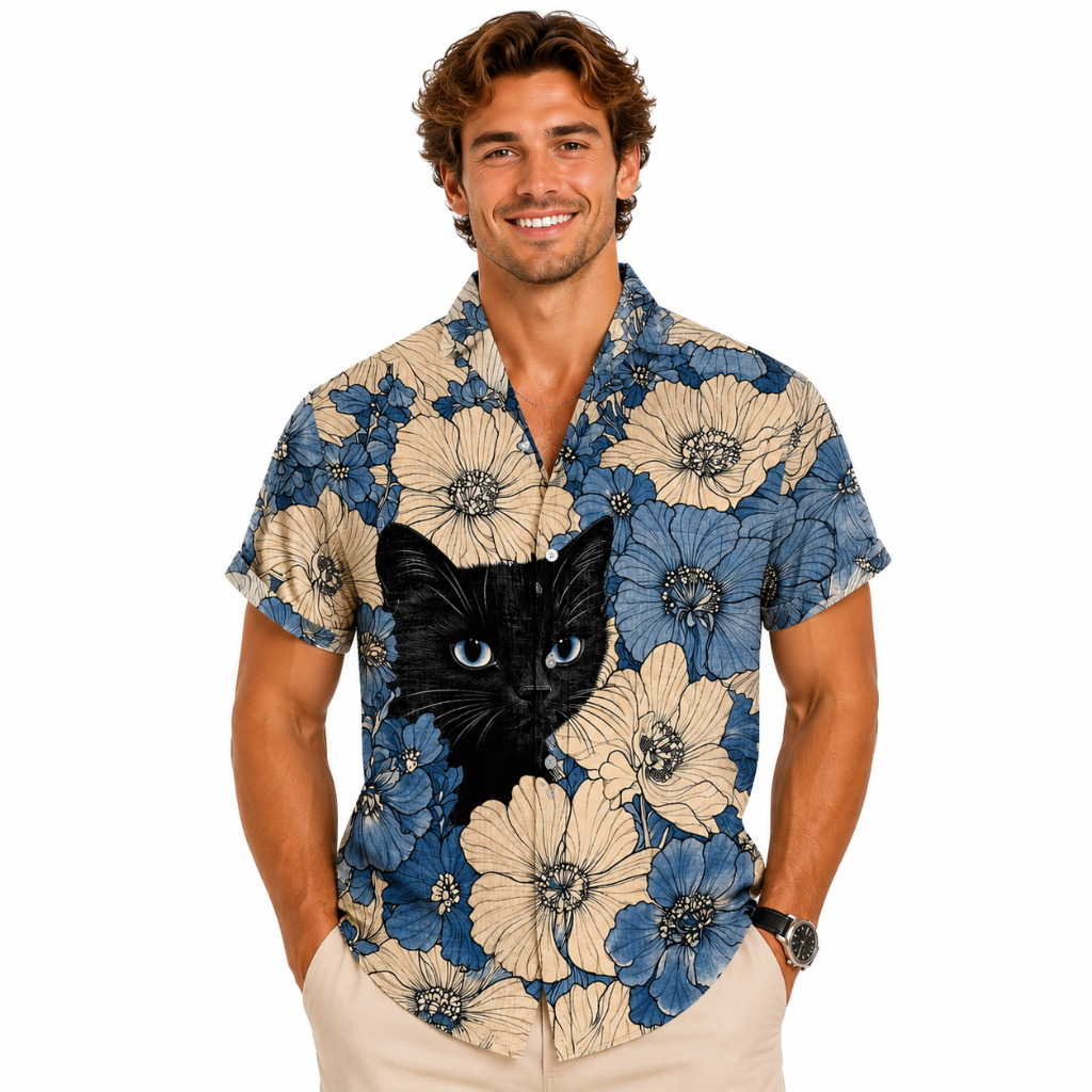 Men's Tropical Cat Floral Hawaiian Shirt