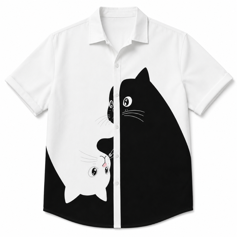 Black & White Cat Print Button-Up Shirt