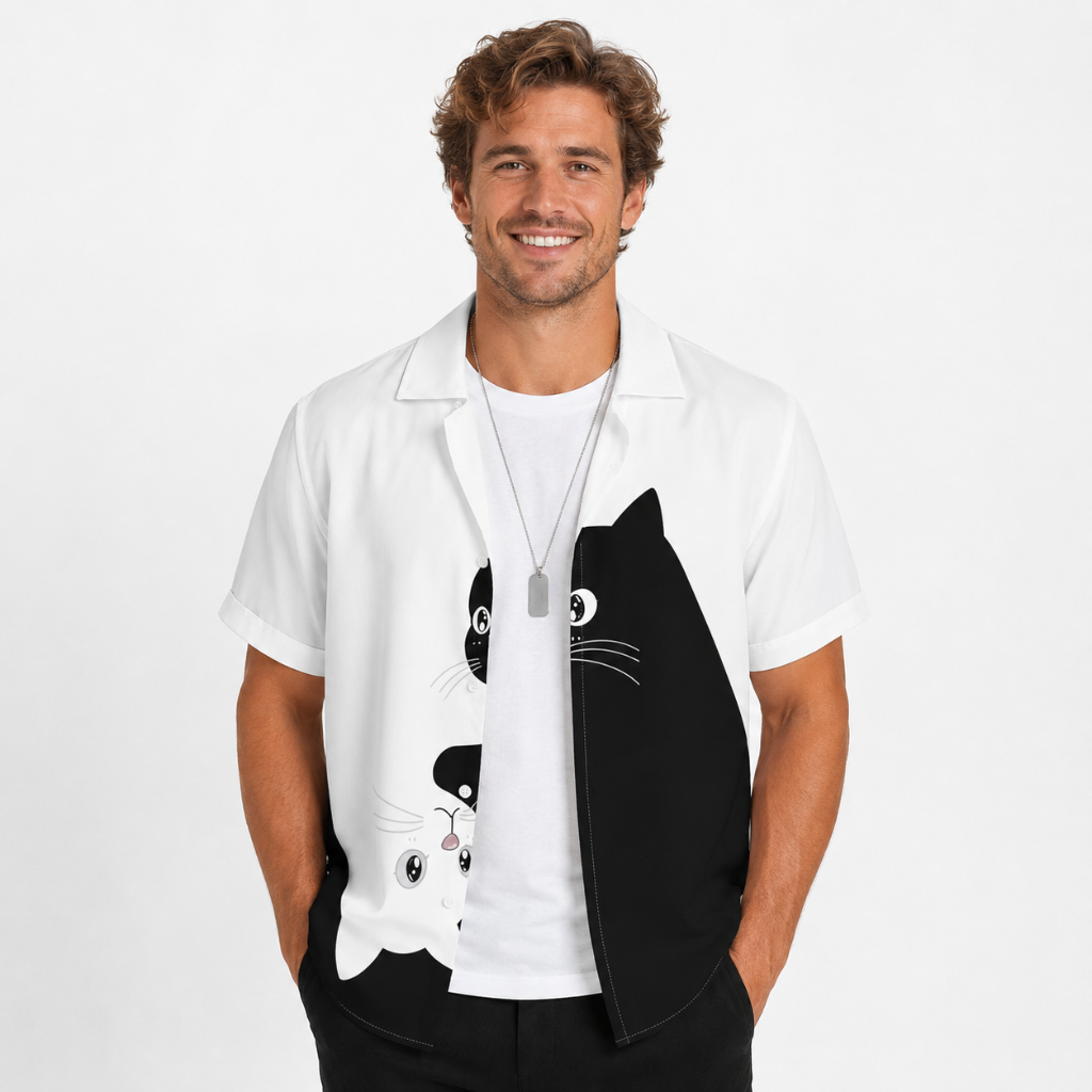 Black & White Cat Print Button-Up Shirt