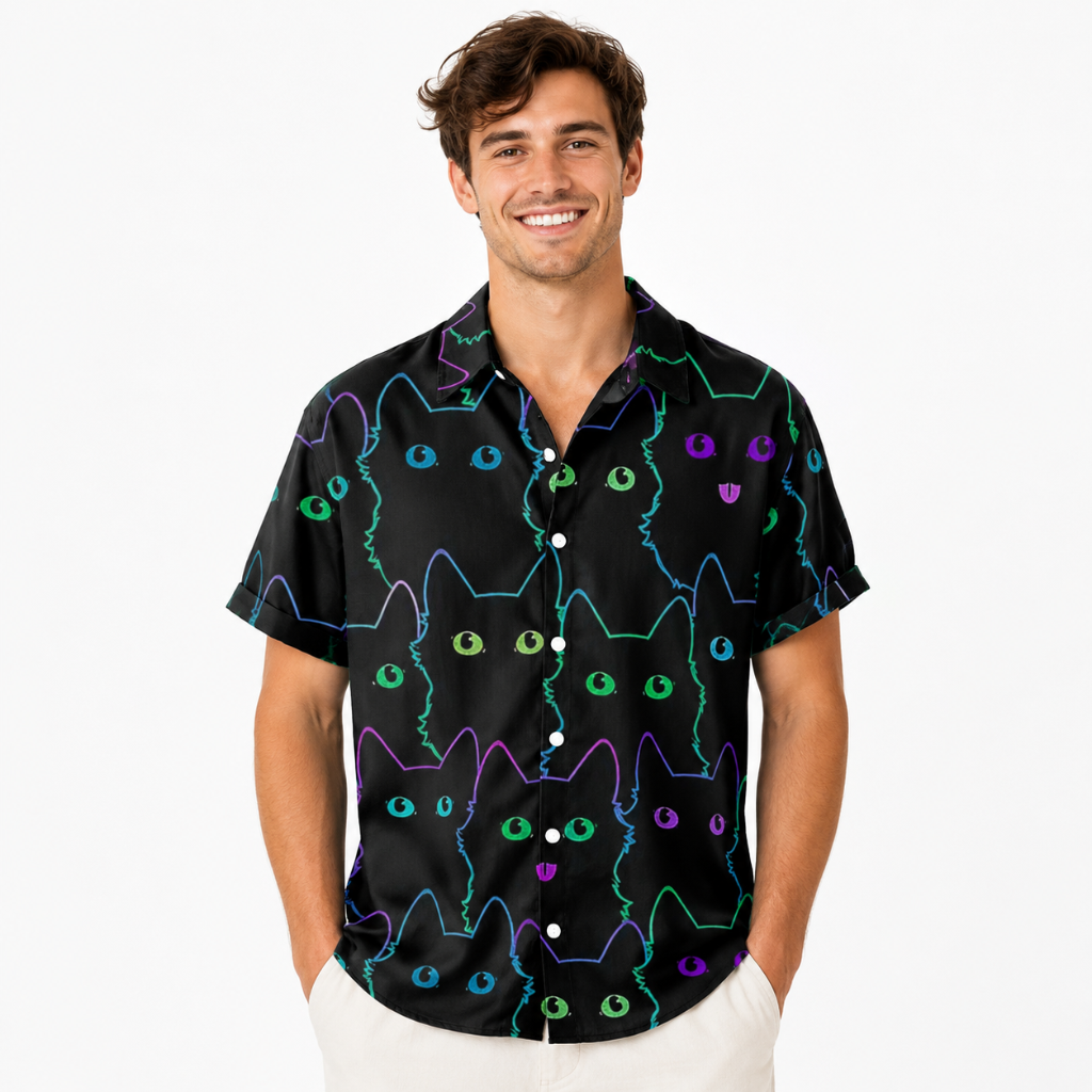 Men's Retro Neon Cat Print Hawaiian Shirt