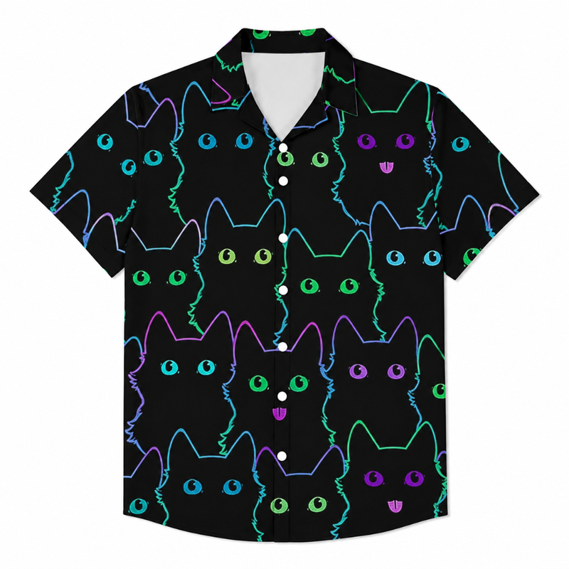 Men's Retro Neon Cat Print Hawaiian Shirt