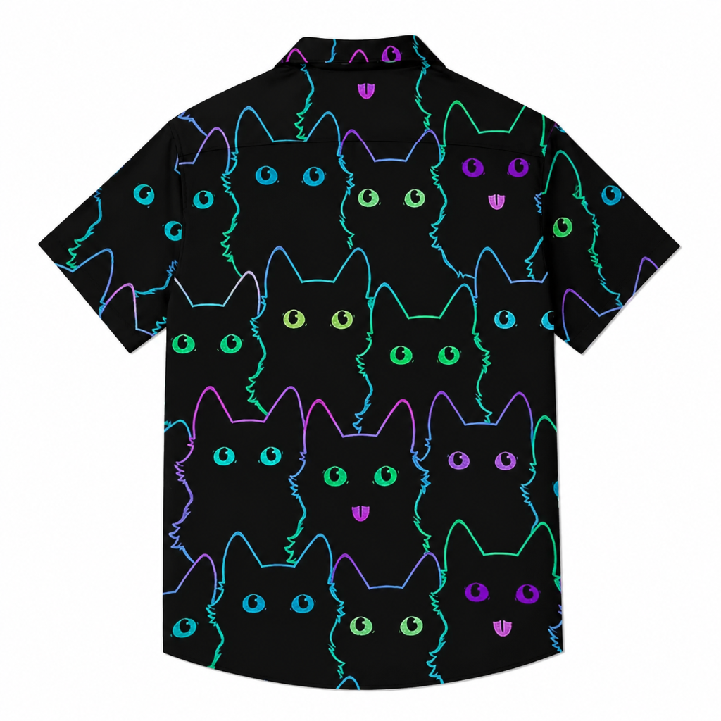 Men's Retro Neon Cat Print Hawaiian Shirt