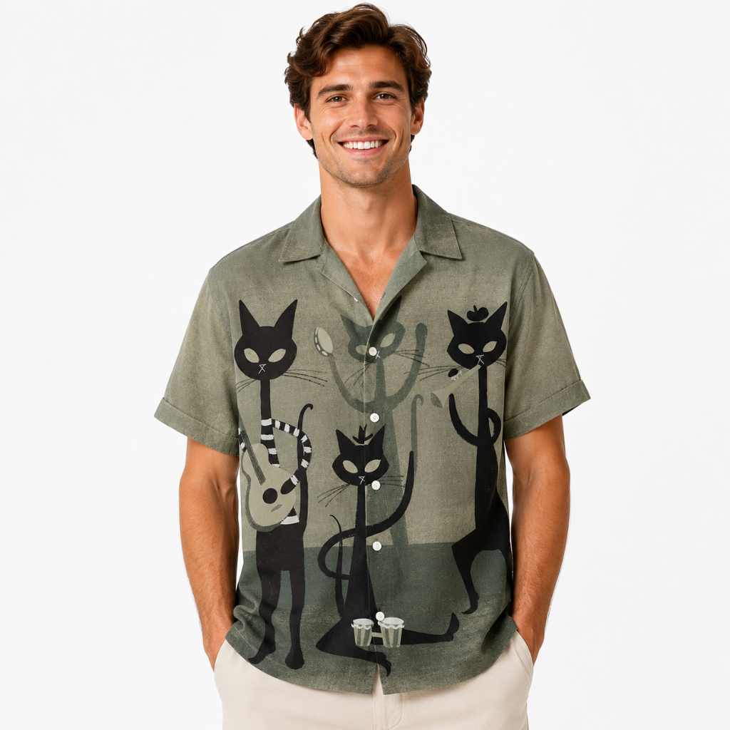 Men's Retro Cat Print Hawaiian Shirt