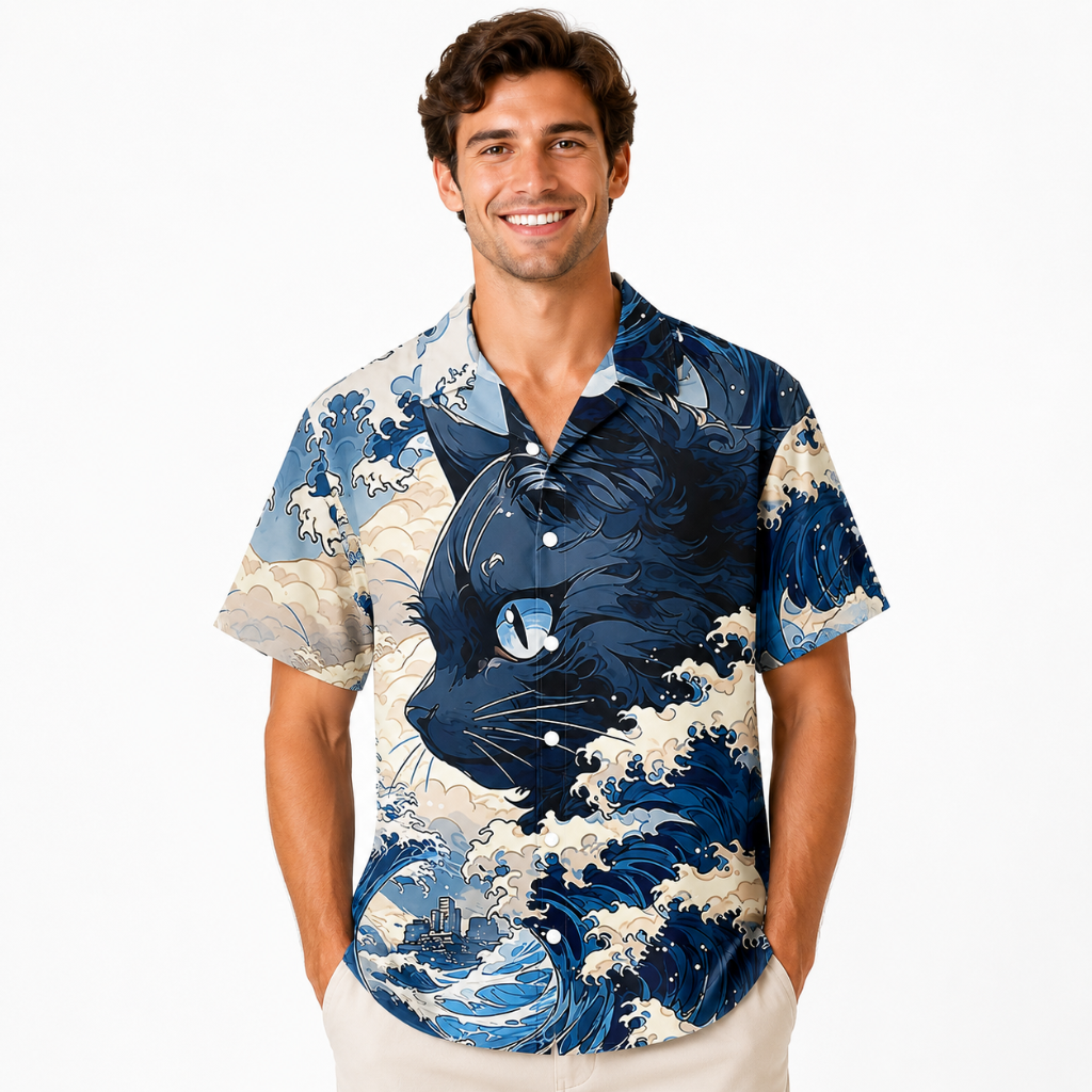 Men's Retro Wave Cat 3D Print Hawaiian Shirt