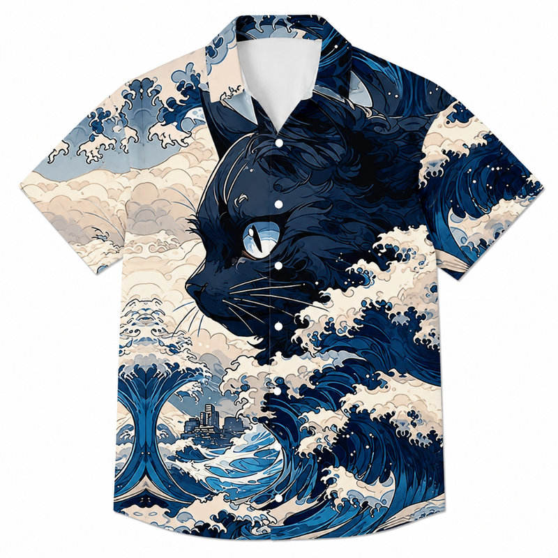 Men's Retro Wave Cat 3D Print Hawaiian Shirt