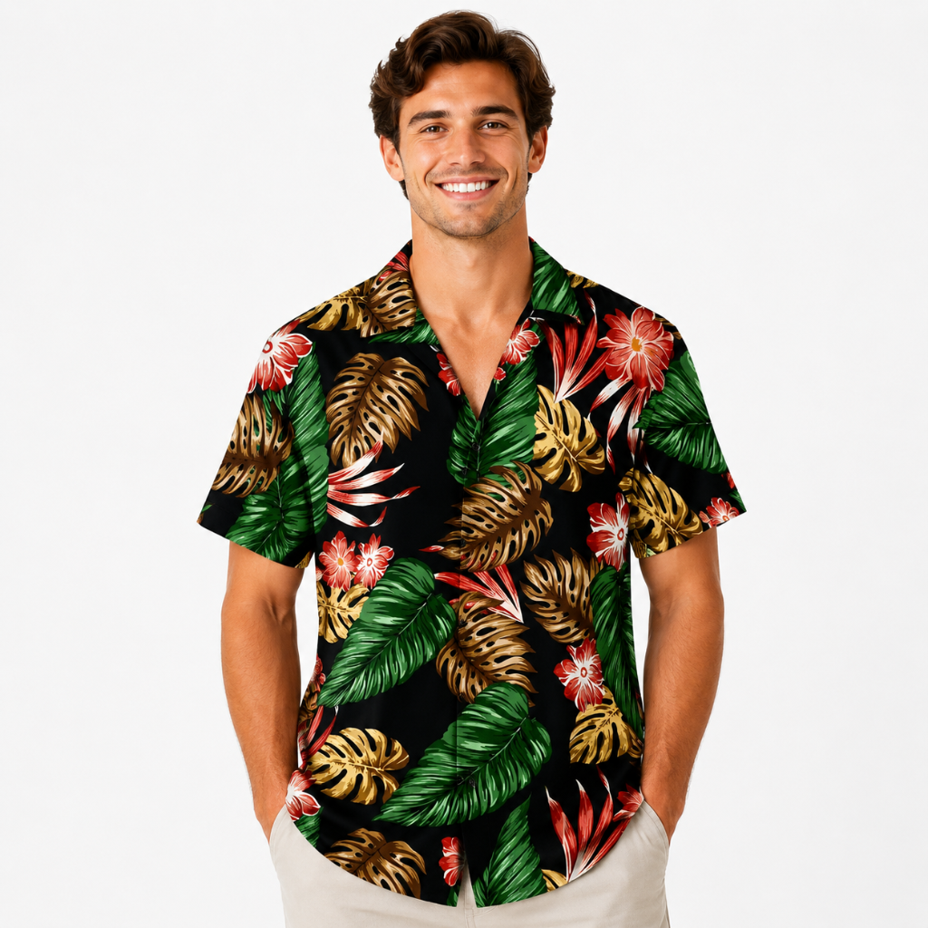 Tropical Leaf Short Sleeve Button-Up Hawaiian Shirt