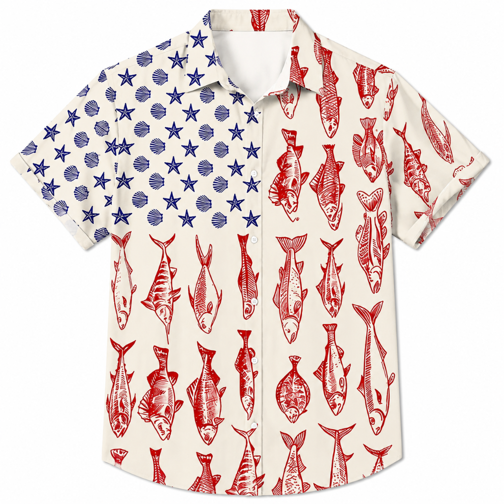 Patriotic Fish Print Plus Size Beach Shirt