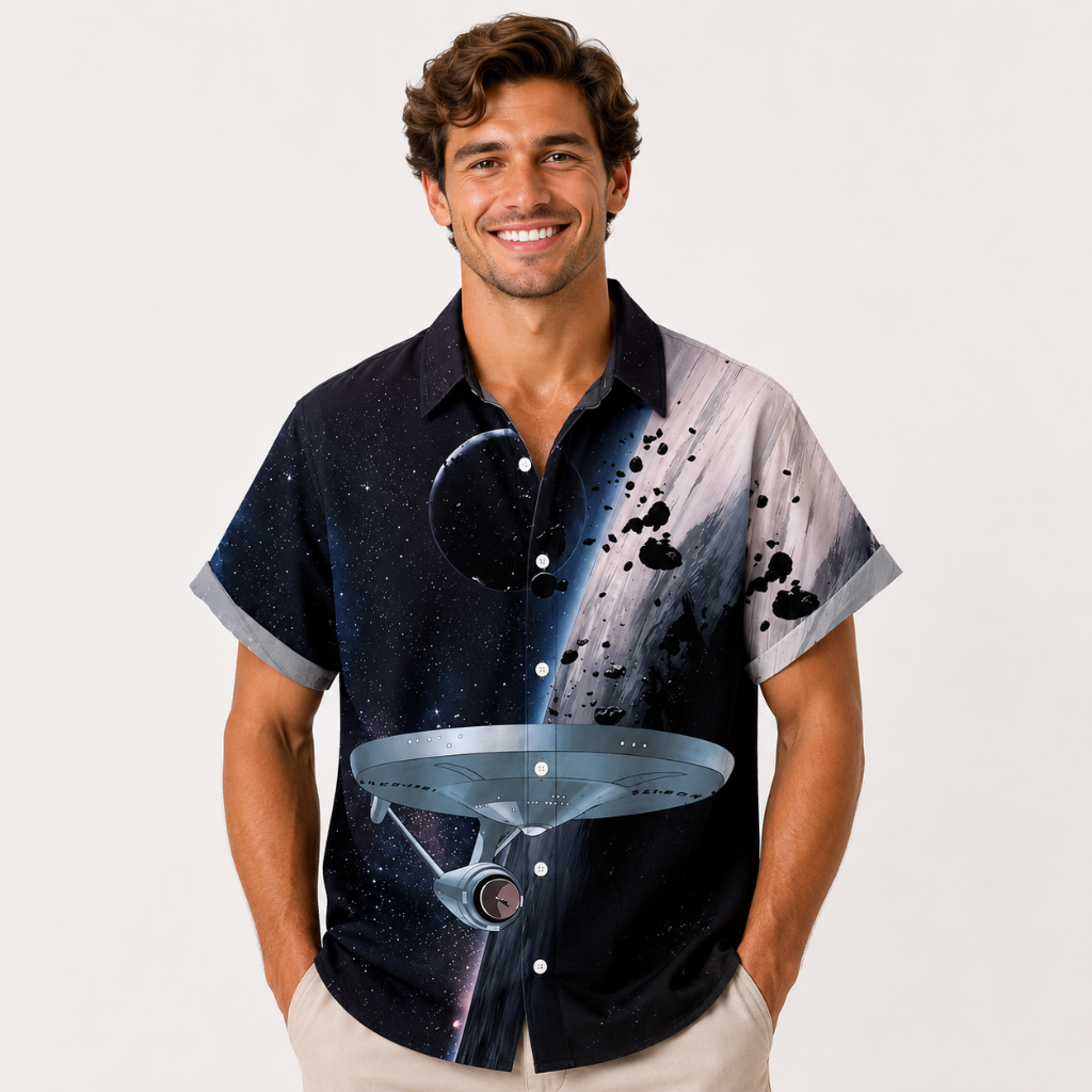 Anime Space Robot Print Plus Size Short Sleeve Button-Up Shirt