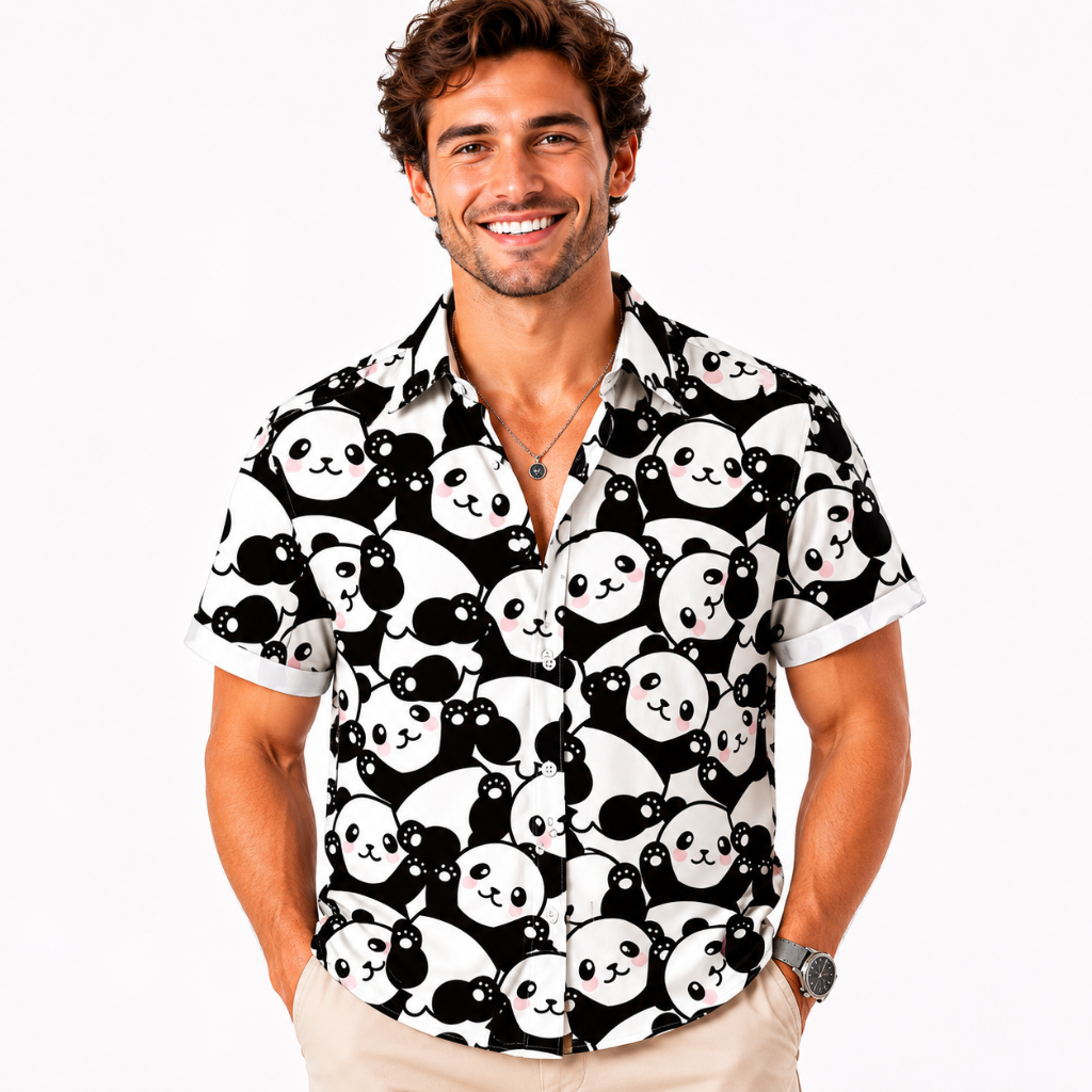 Playful Panda Print Casual Short Sleeve Shirt