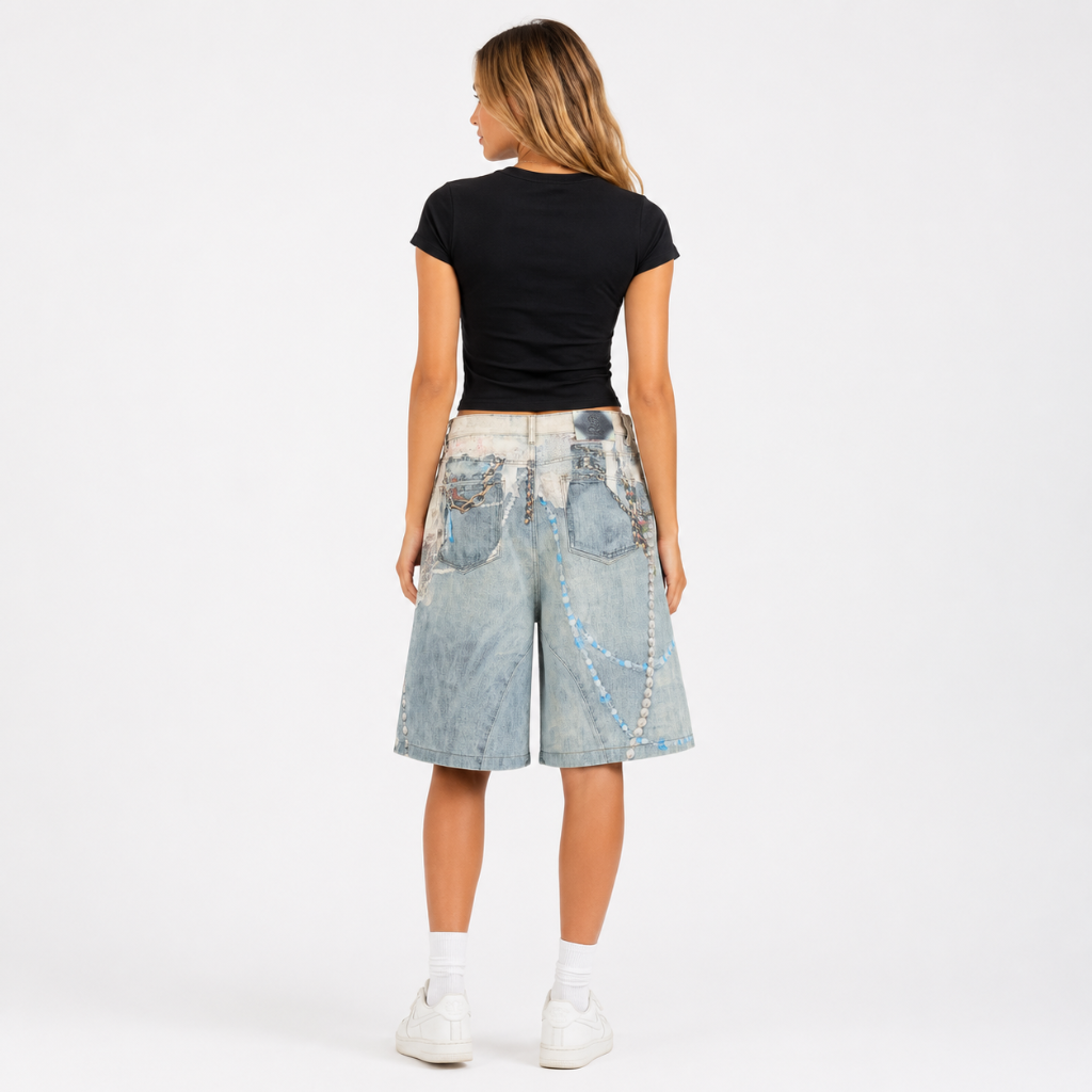Pearl Charm Graphic Denim Shorts