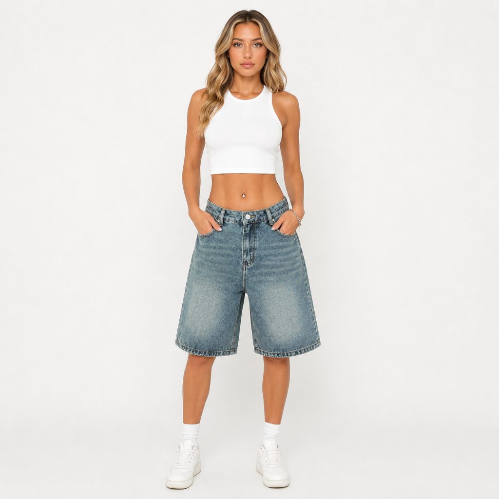 Women's Vintage Wash Wide Leg Bermuda Denim Shorts