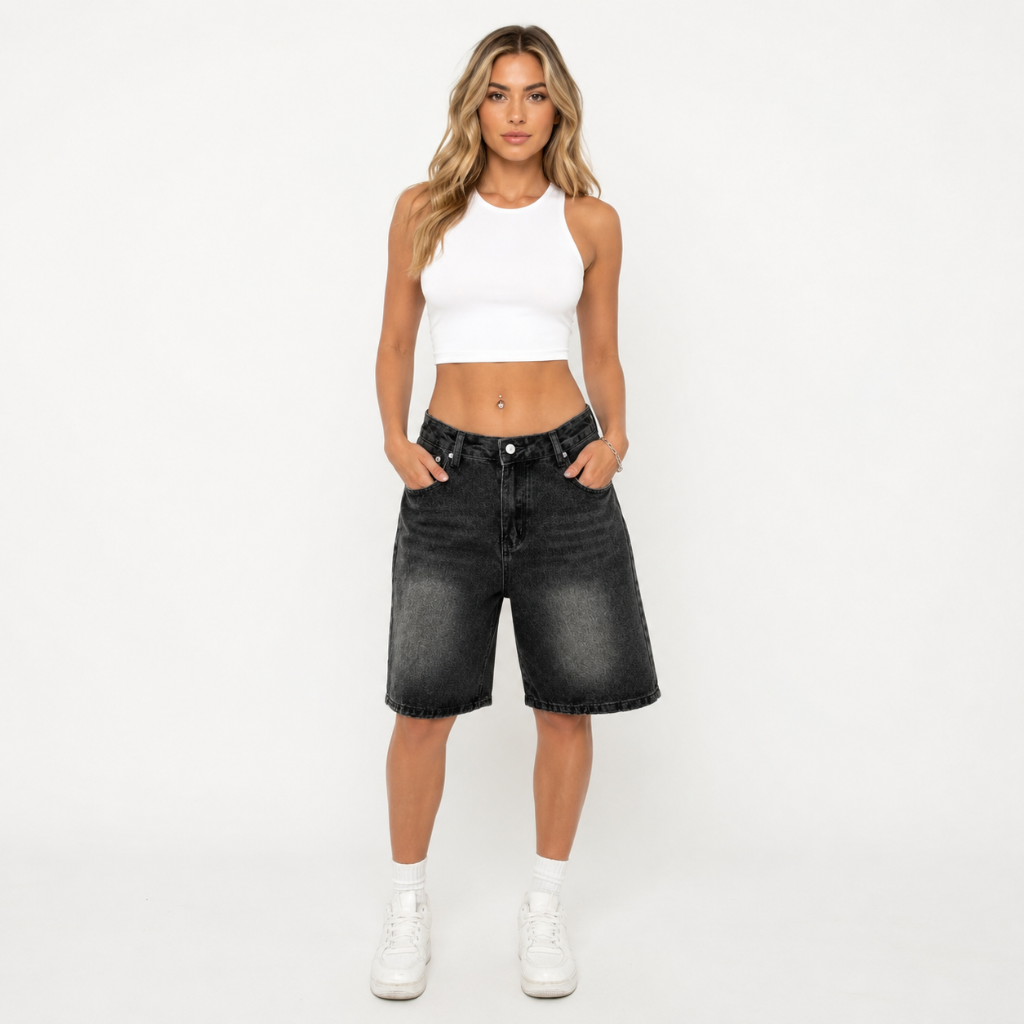 Women's Vintage Wash Wide Leg Bermuda Denim Shorts
