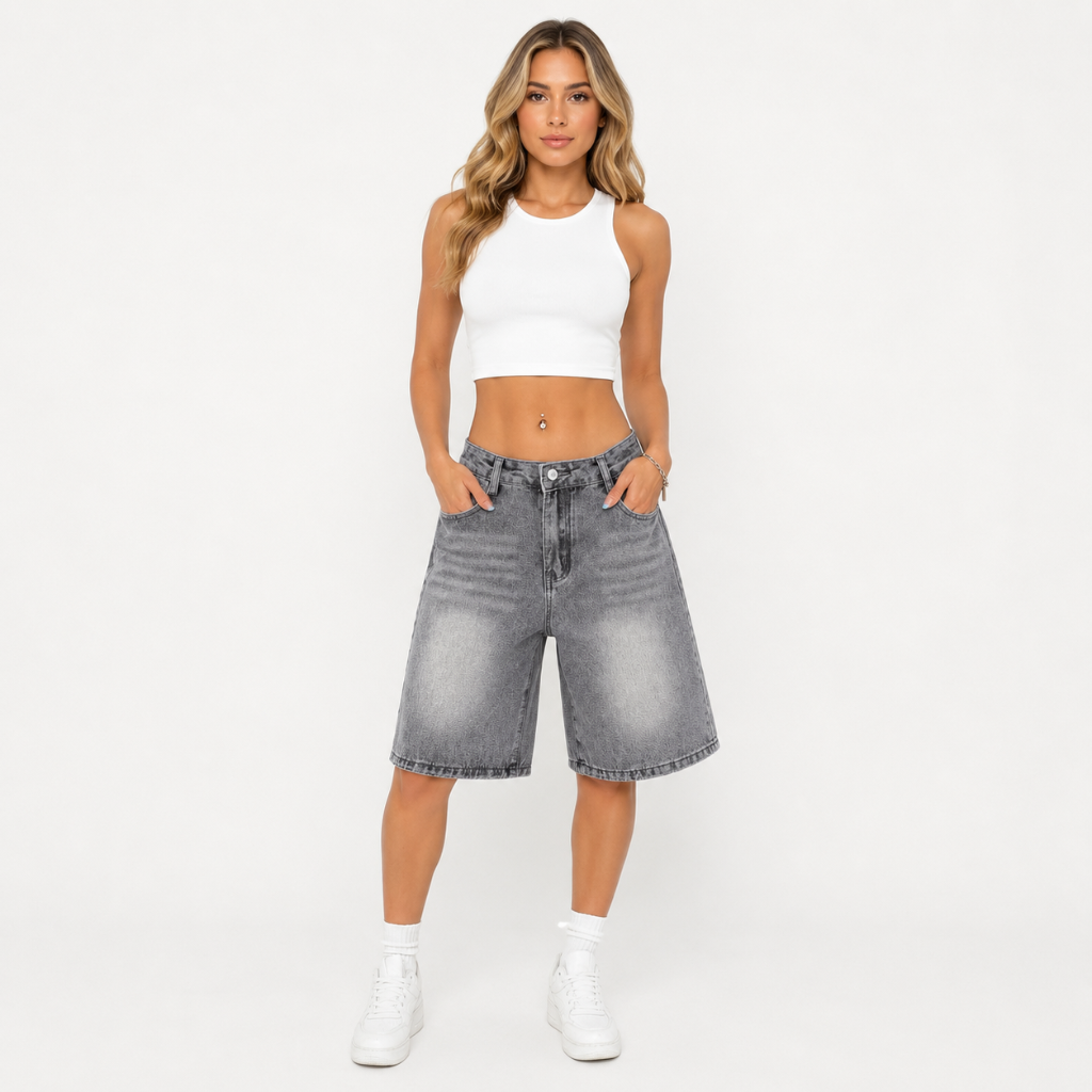 Women's Vintage Wash Wide Leg Bermuda Denim Shorts
