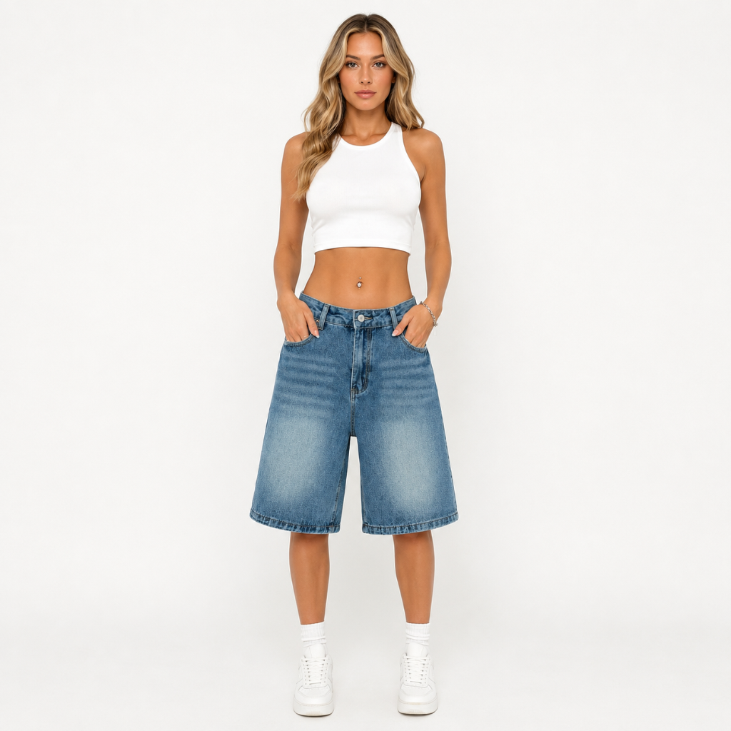Women's Vintage Wash Wide Leg Bermuda Denim Shorts