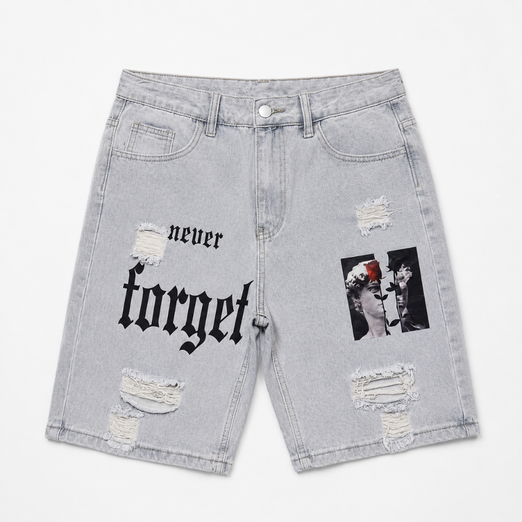 Men's Distressed Printed Denim Shorts