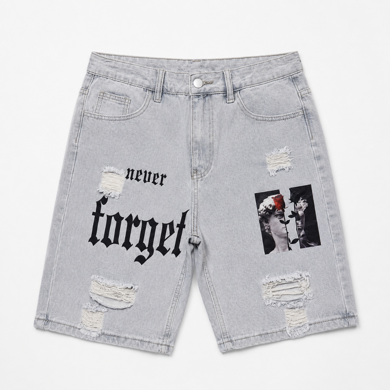 Men's Distressed Printed Denim Shorts
