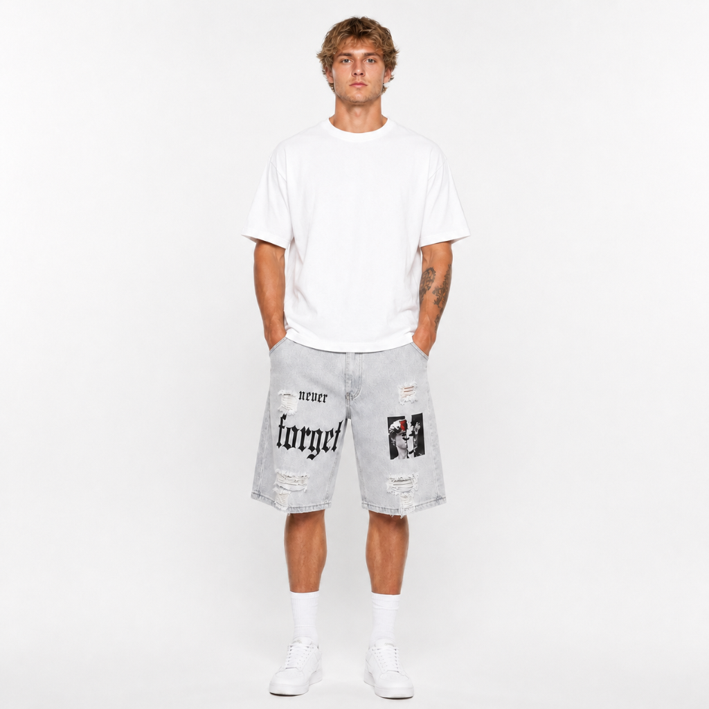 Men's Distressed Printed Denim Shorts