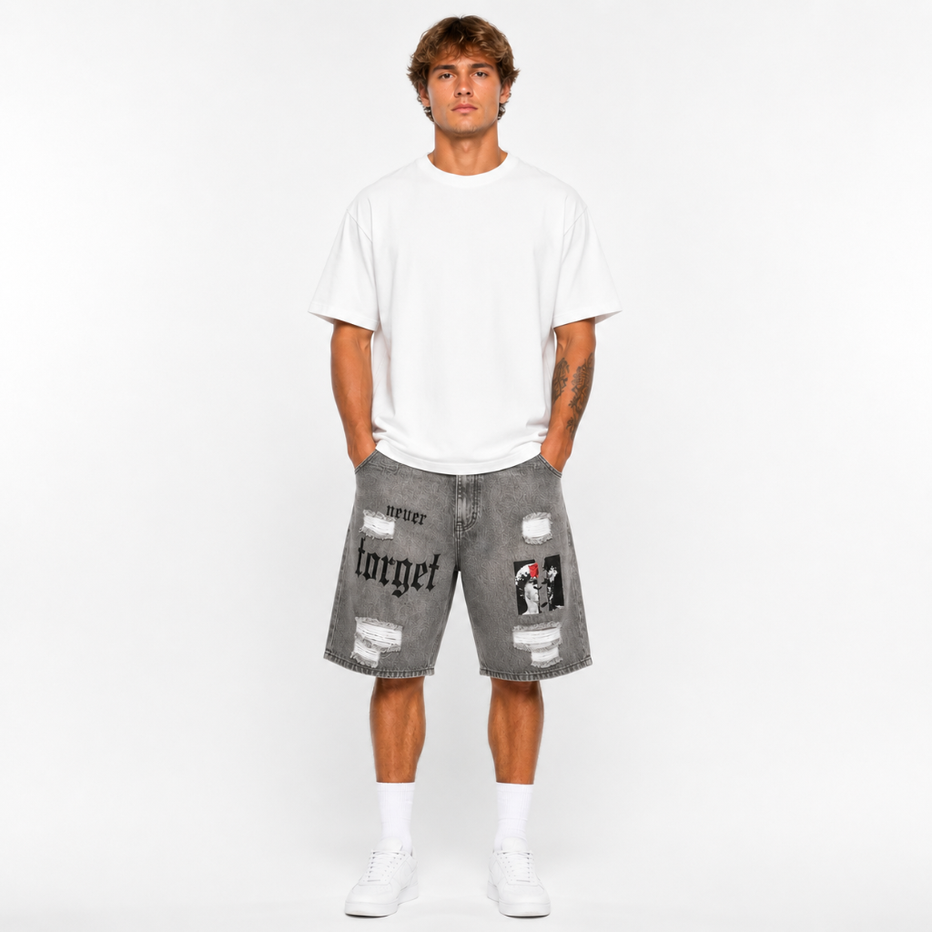 Men's Distressed Printed Denim Shorts